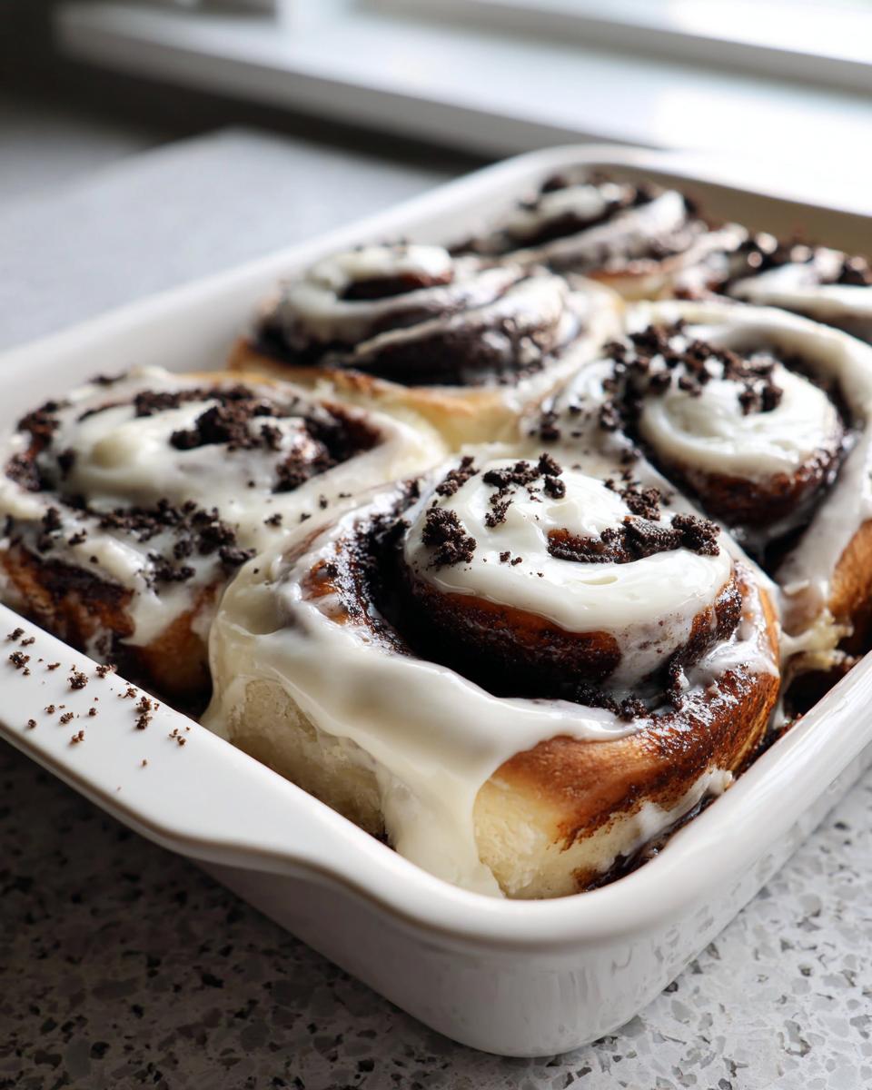 Close-up of freshly baked Oreo cinnamon rolls covered in white icing and crushed cookie pieces.