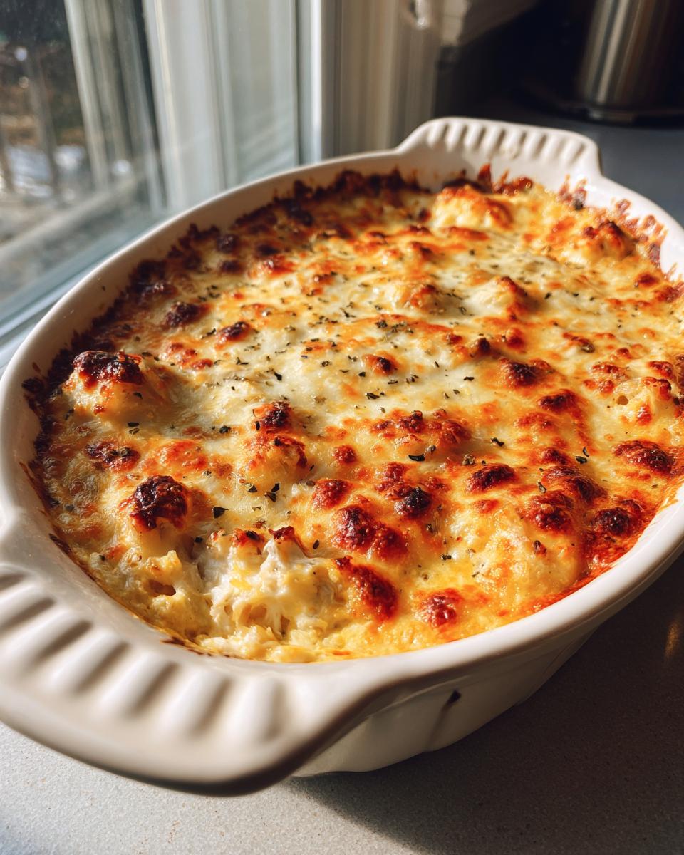 A close-up of a bubbling, cheesy hot crab dip baked golden brown in a white oval casserole dish.