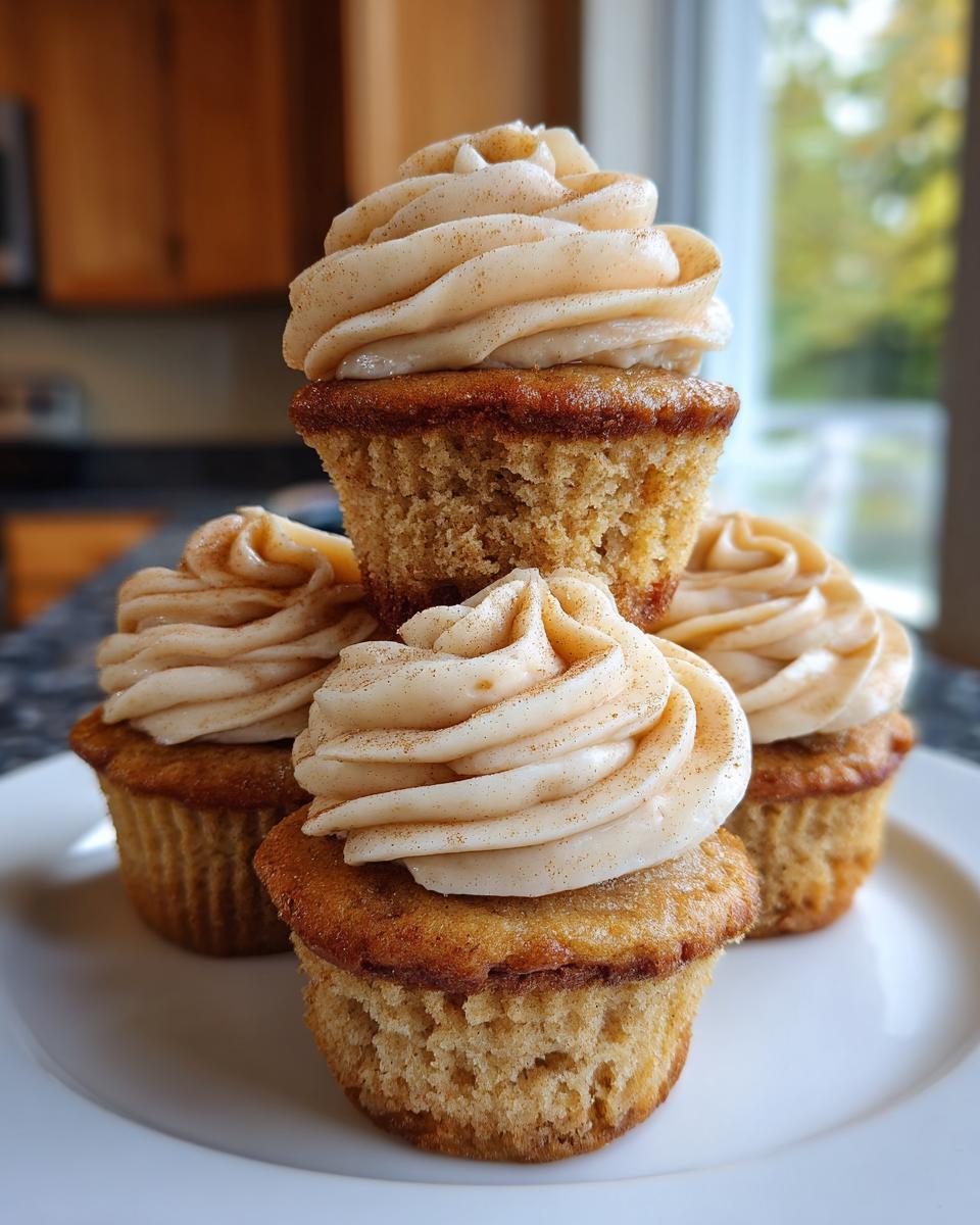 A stack of four moist banana cupcakes topped with swirled, light brown frosting dusted with cinnamon.