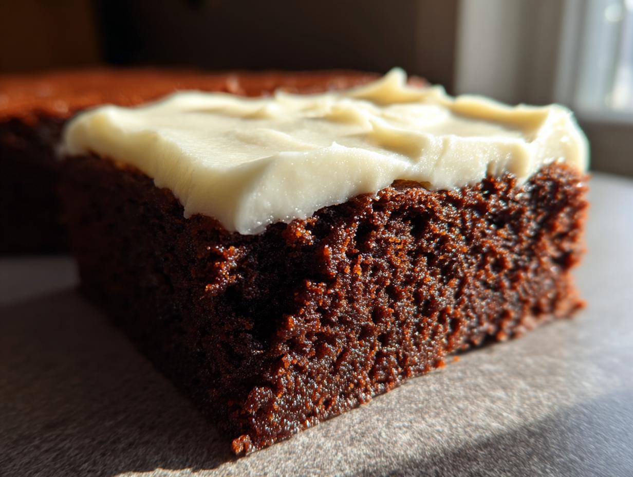 A close-up, side view of a rich, dark brown gingerbread brownies slice topped with thick white cream cheese frosting.