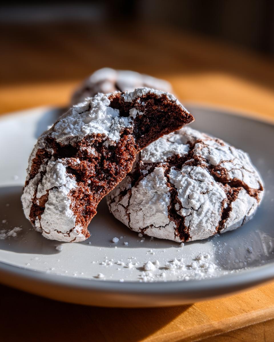 Close-up of two fudgy chocolate crinkle cookies, one broken in half showing the soft interior, dusted heavily with powdered sugar.