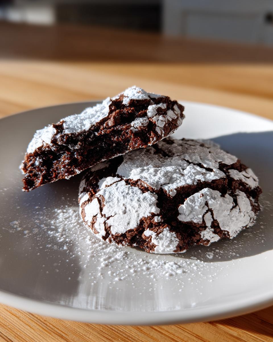 Two fudgy chocolate crinkle cookies, one broken in half, dusted heavily with powdered sugar on a light plate.