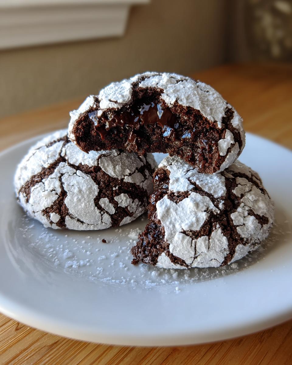 Three fudgy chocolate crinkle cookies dusted in powdered sugar, one broken open to show the gooey center.