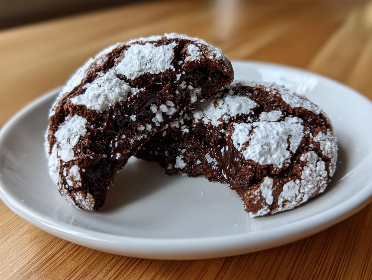 A fudgy chocolate crinkle cookie broken in half, revealing a molten, gooey center, dusted with powdered sugar.