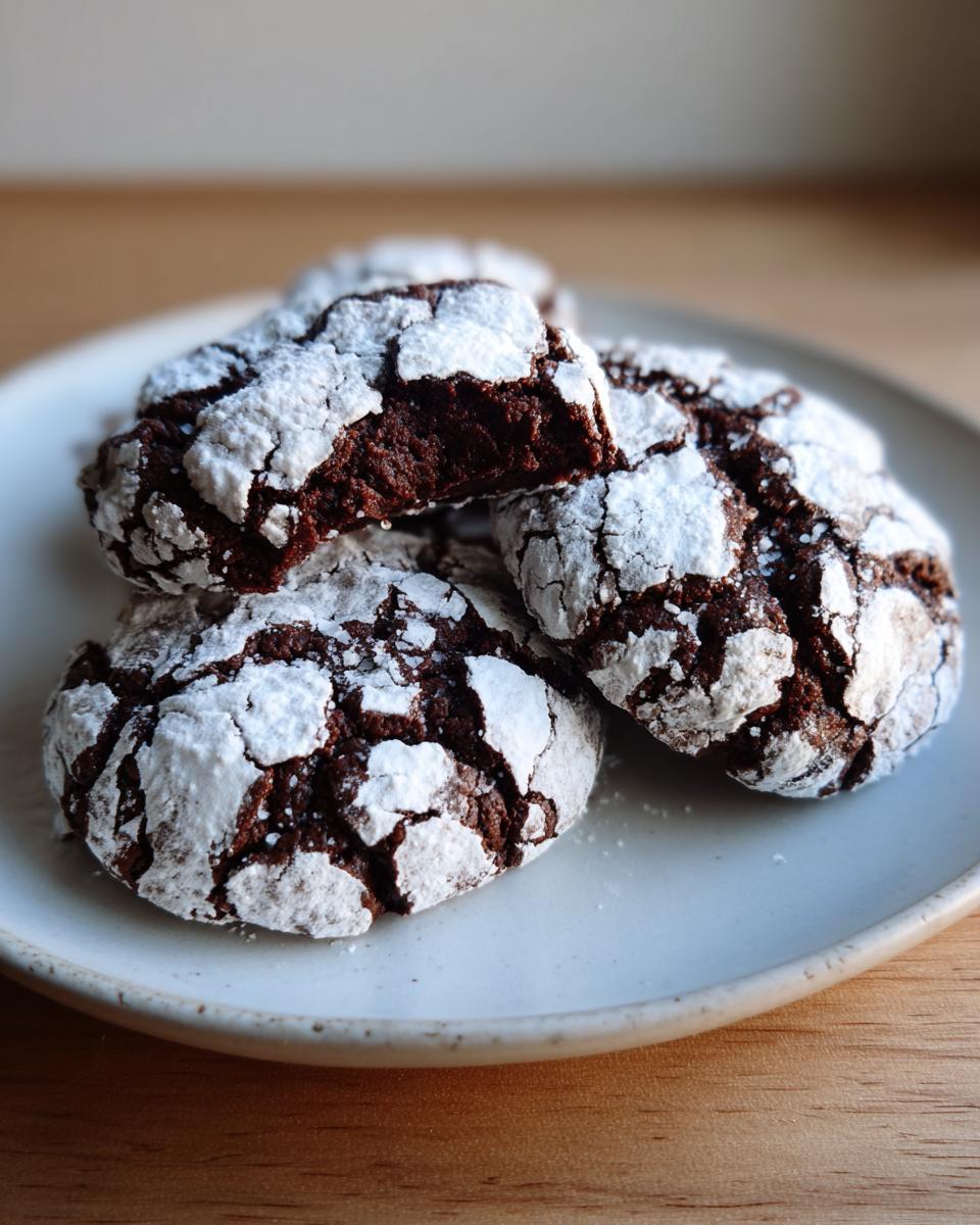 Close-up of fudgy chocolate crinkle cookies coated in white powdered sugar on a light plate.