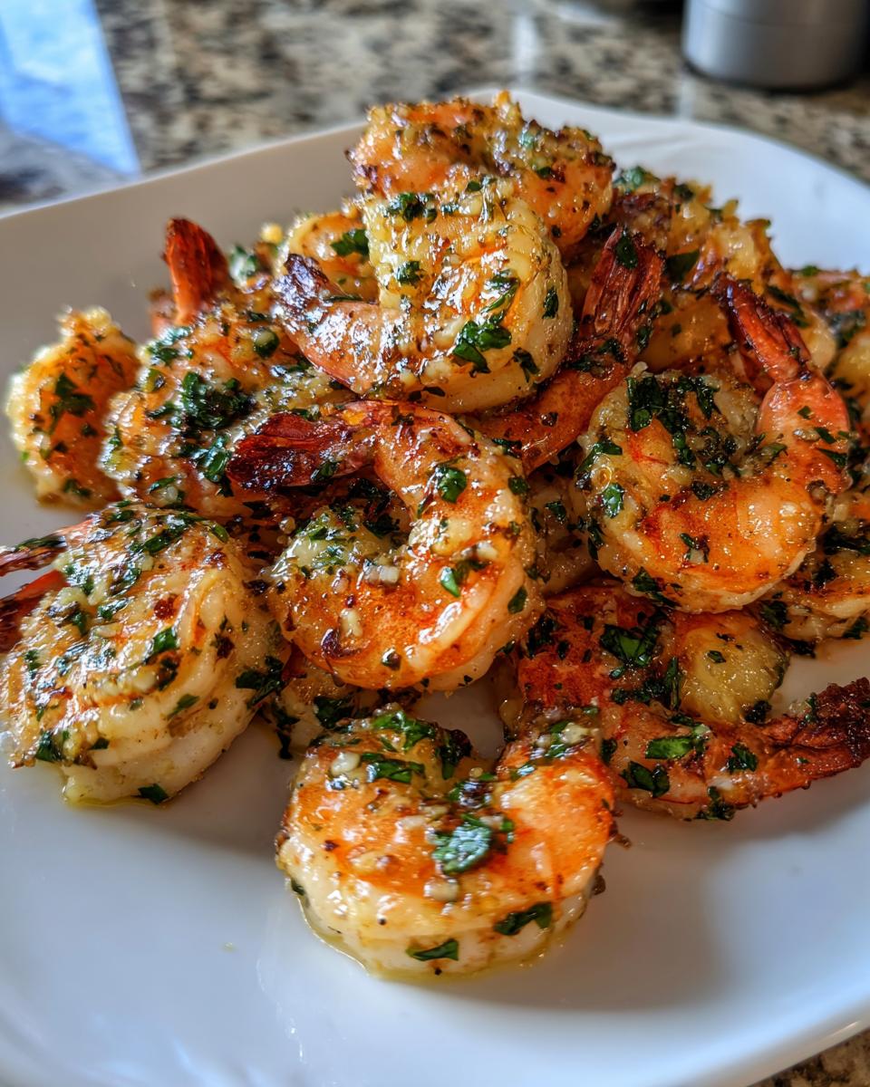 A close-up of perfectly cooked, glistening air fryer shrimp tossed in garlic butter and fresh parsley.