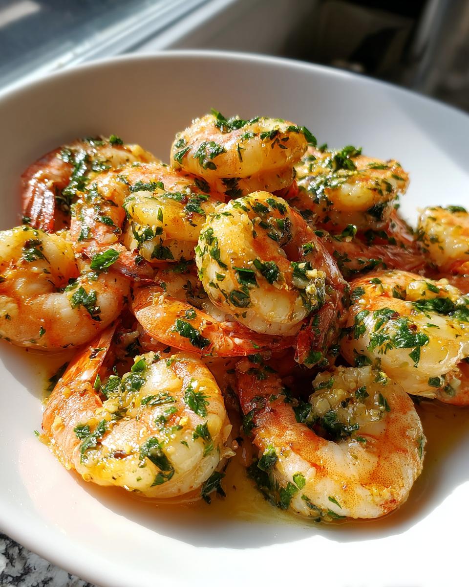 Close-up of juicy, cooked air fryer shrimp tossed in melted butter, garlic, and fresh parsley.