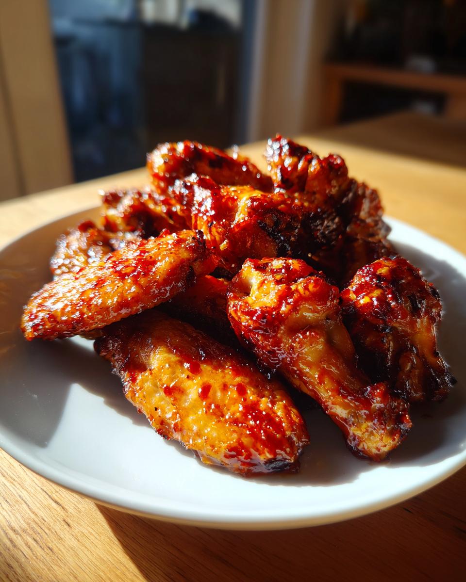 A close-up of several sticky, glazed chicken wings piled on a white plate, beautifully lit by sunlight.