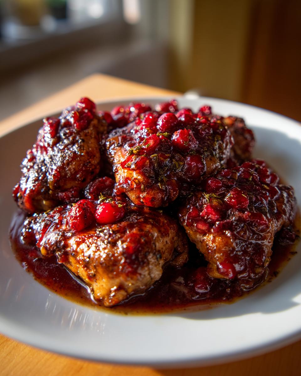 Four pieces of glazed cranberry chicken covered in a rich, dark sauce and whole cranberries, served on a white plate.