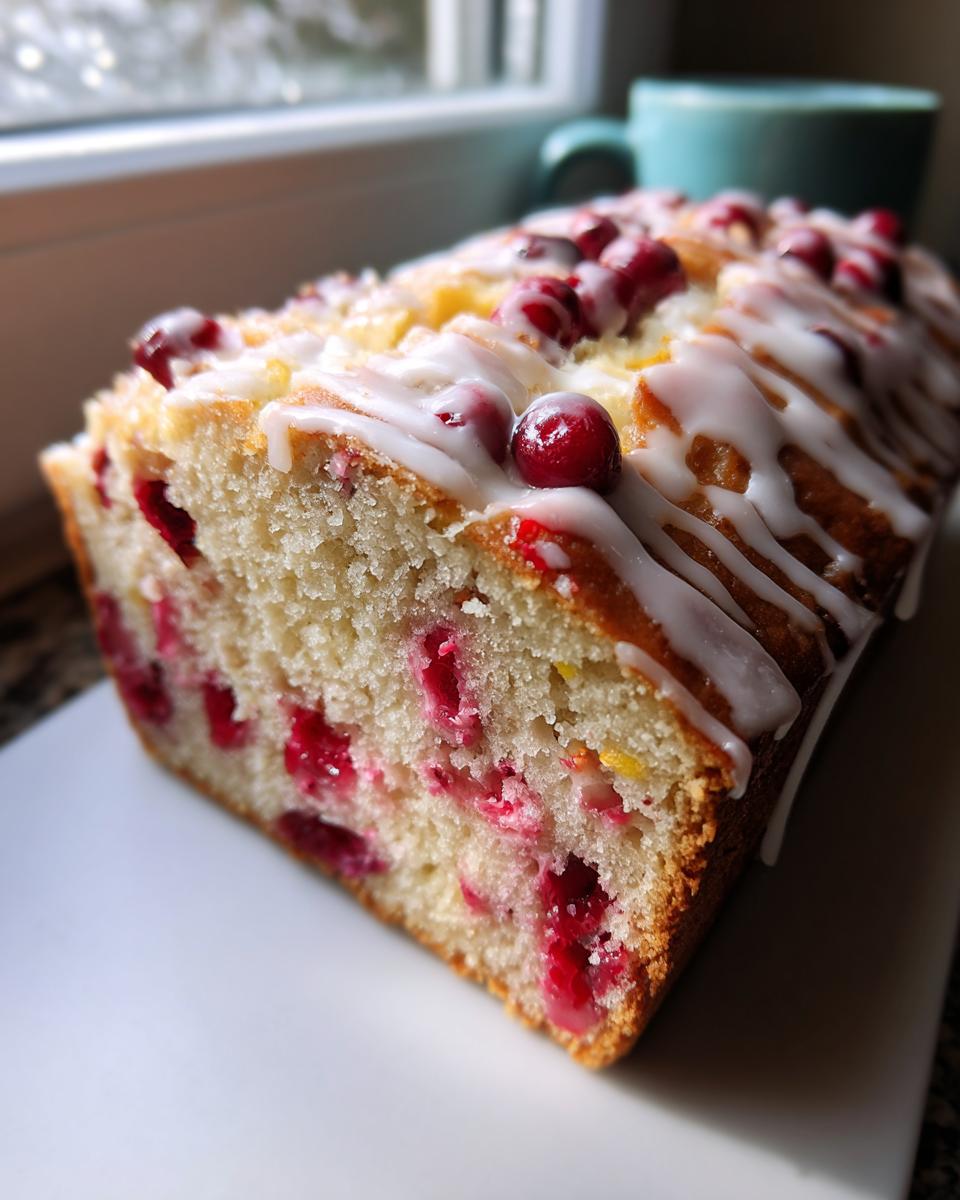 A close-up view of a freshly baked cranberry orange bread loaf drizzled with white glaze and topped with whole cranberries.