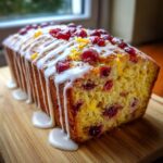 A freshly baked cranberry orange bread loaf drizzled with white glaze, topped with cranberries and zest.