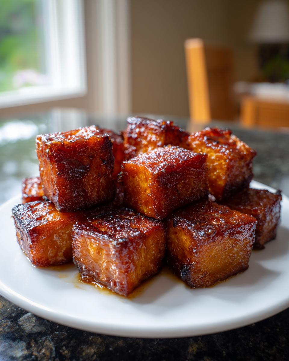 A stack of perfectly caramelized and glazed roasted sweet potatoes cubes on a white plate.