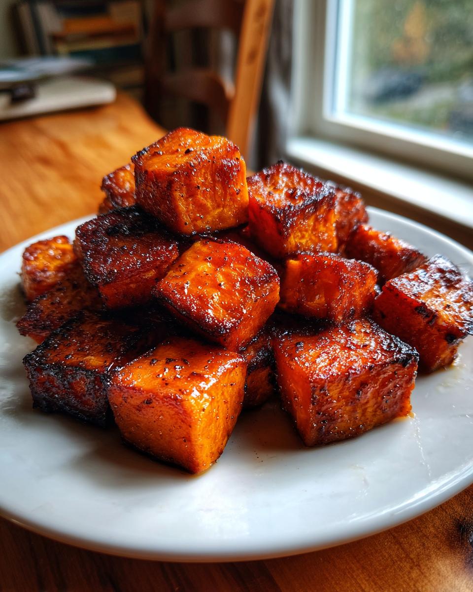 A pile of caramelized, glazed roasted sweet potatoes cubes served on a white plate.
