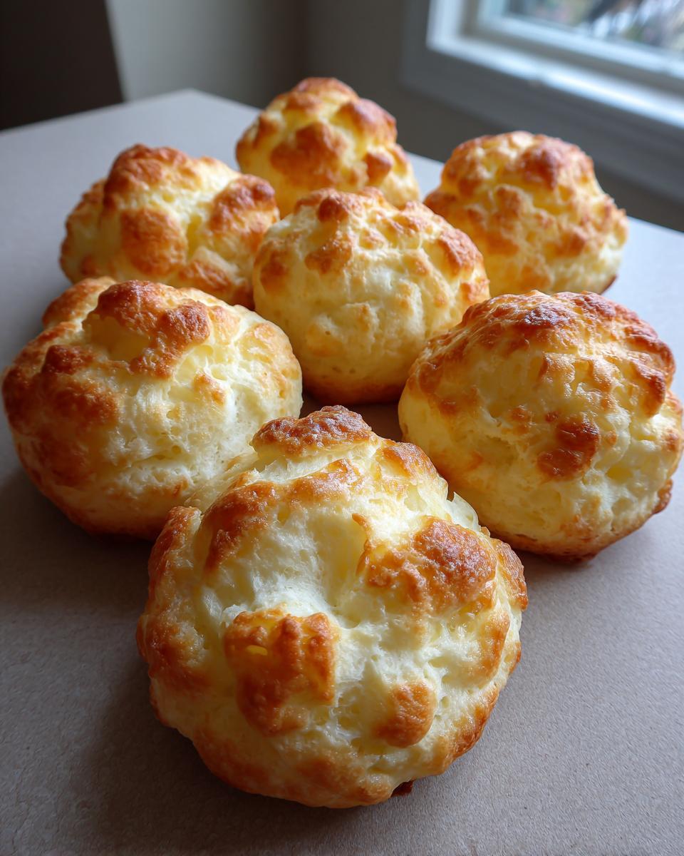 A cluster of six freshly baked, golden-brown cloud bread portions with a fluffy, textured top.