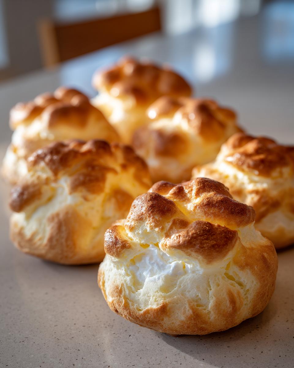 Close-up of several golden-brown, fluffy cloud bread portions arranged on a light countertop.