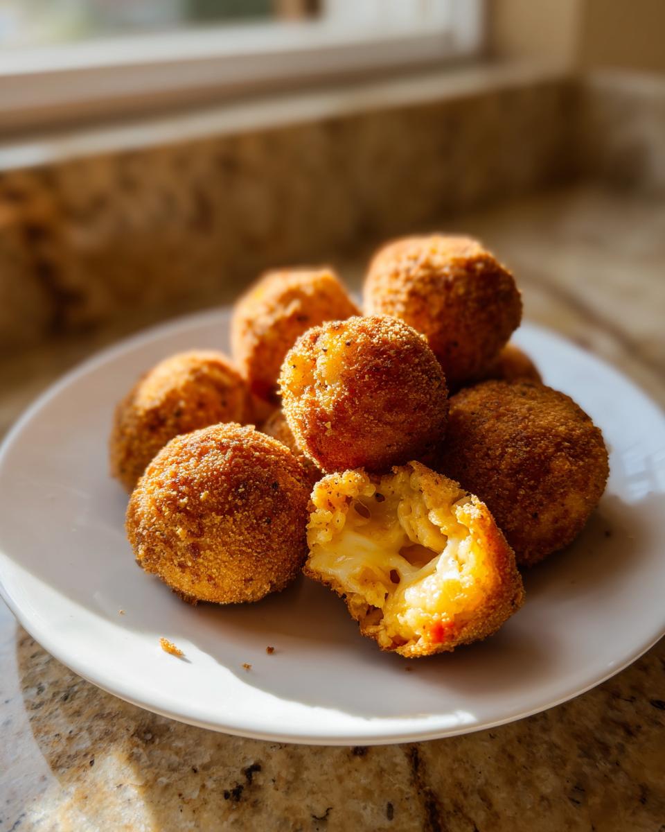 A plate of golden brown, crispy fried rice balls, with one broken open showing a cheesy interior.