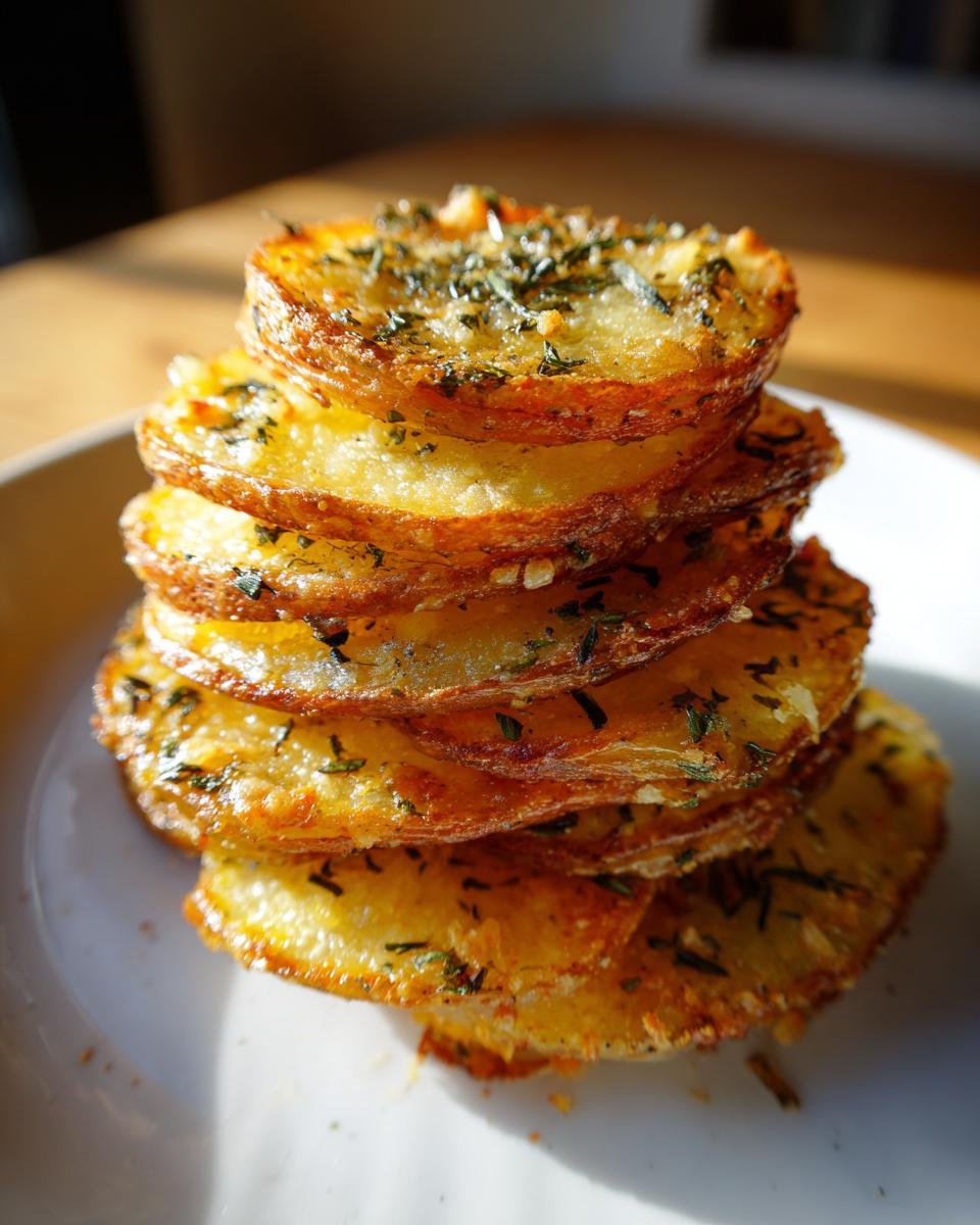 A vertical stack of crispy, golden brown potato stacks seasoned with visible green herbs.