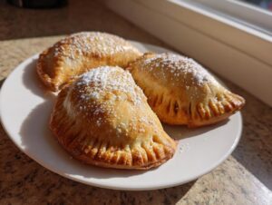 Three freshly baked pumpkin empanadas dusted with powdered sugar resting on a white plate.