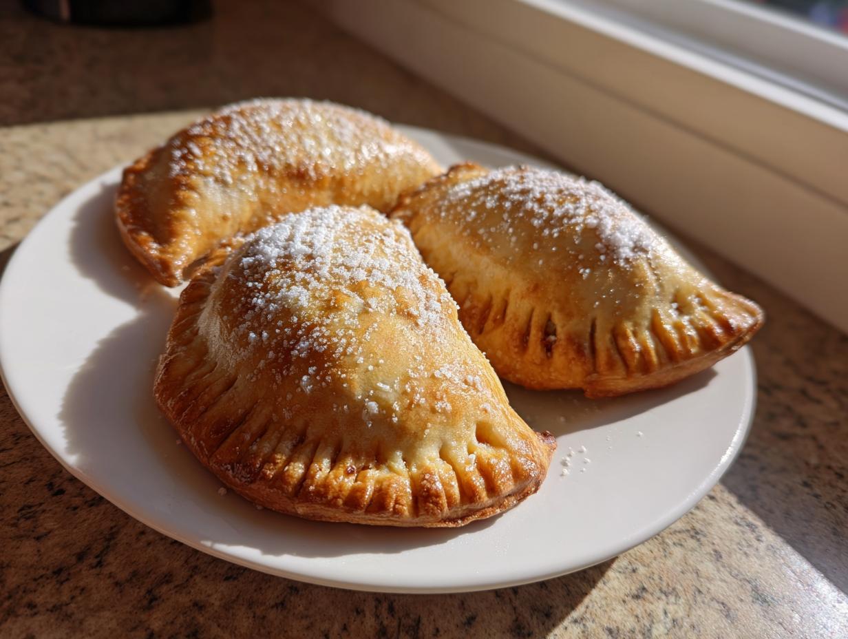 Three freshly baked pumpkin empanadas dusted with powdered sugar resting on a white plate.