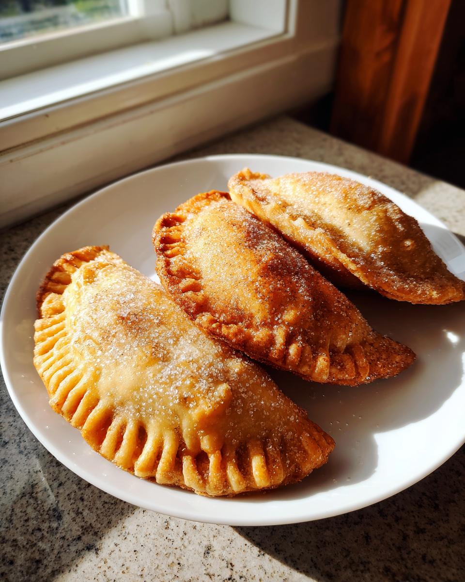 Three golden-brown pumpkin empanadas dusted heavily with sugar sitting on a white plate.
