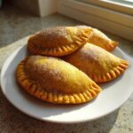 Four golden-brown pumpkin empanadas dusted with sugar sitting on a white plate near a window.