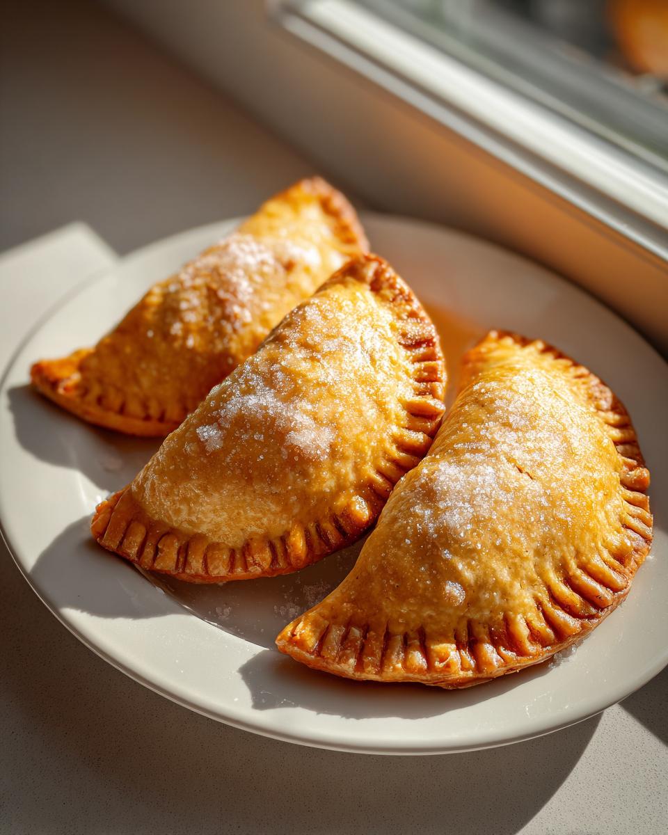 Three freshly baked pumpkin empanadas dusted with sugar resting on a light plate near a window.