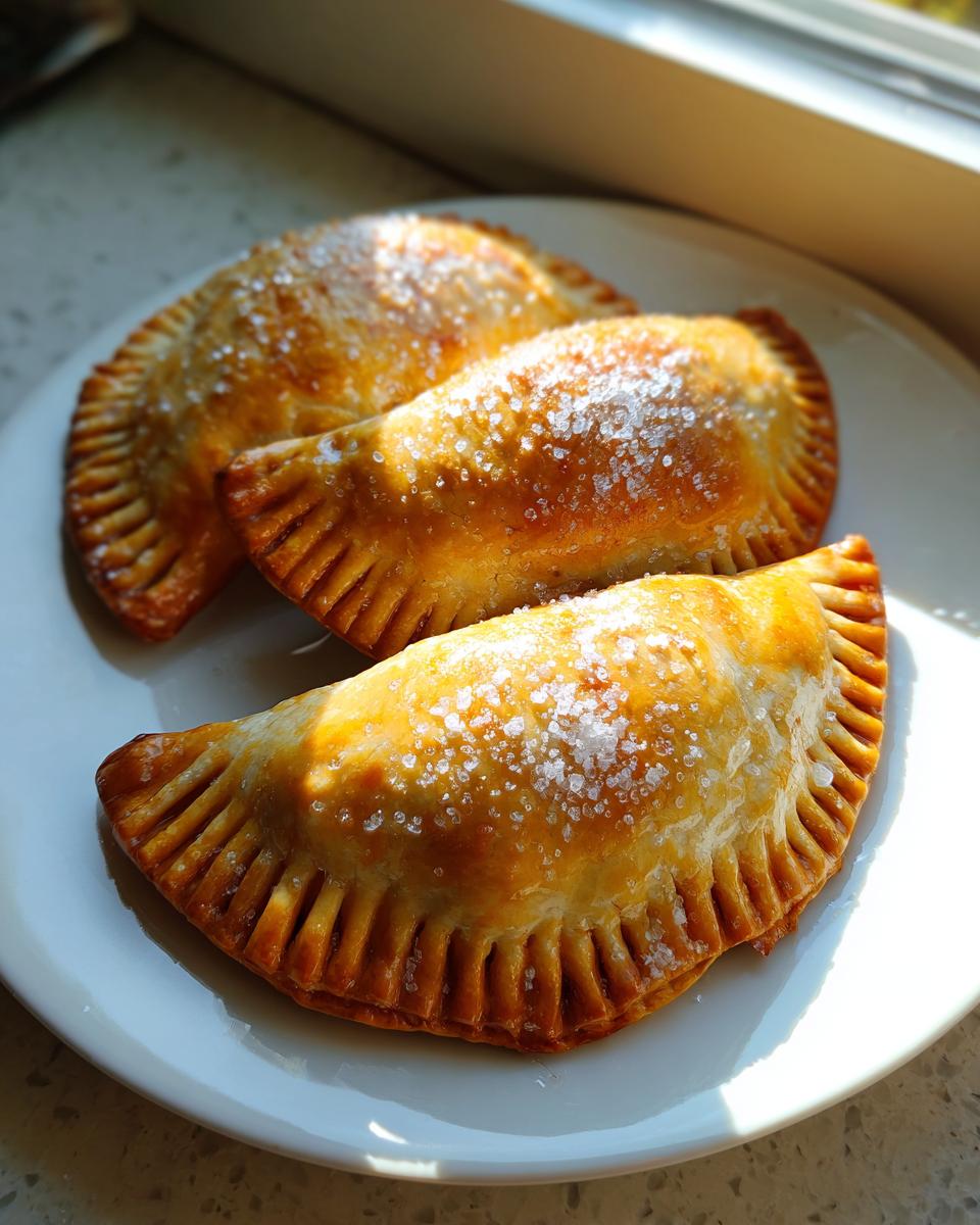 Three golden-brown pumpkin empanadas sprinkled with coarse sugar, resting on a white plate.
