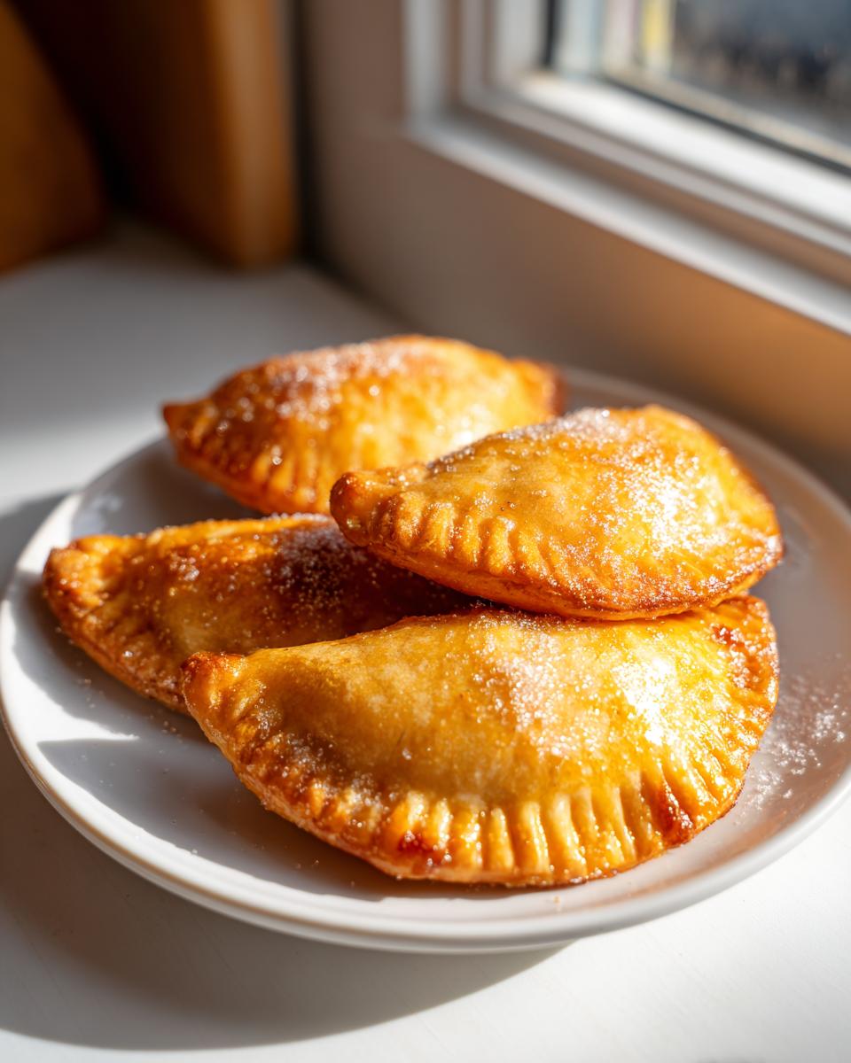 Four golden-brown, fried pumpkin empanadas dusted with sugar sitting on a white plate near a window.