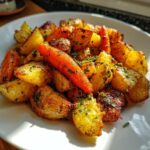 A close-up of perfectly golden roasted potatoes and carrots seasoned with fresh herbs.