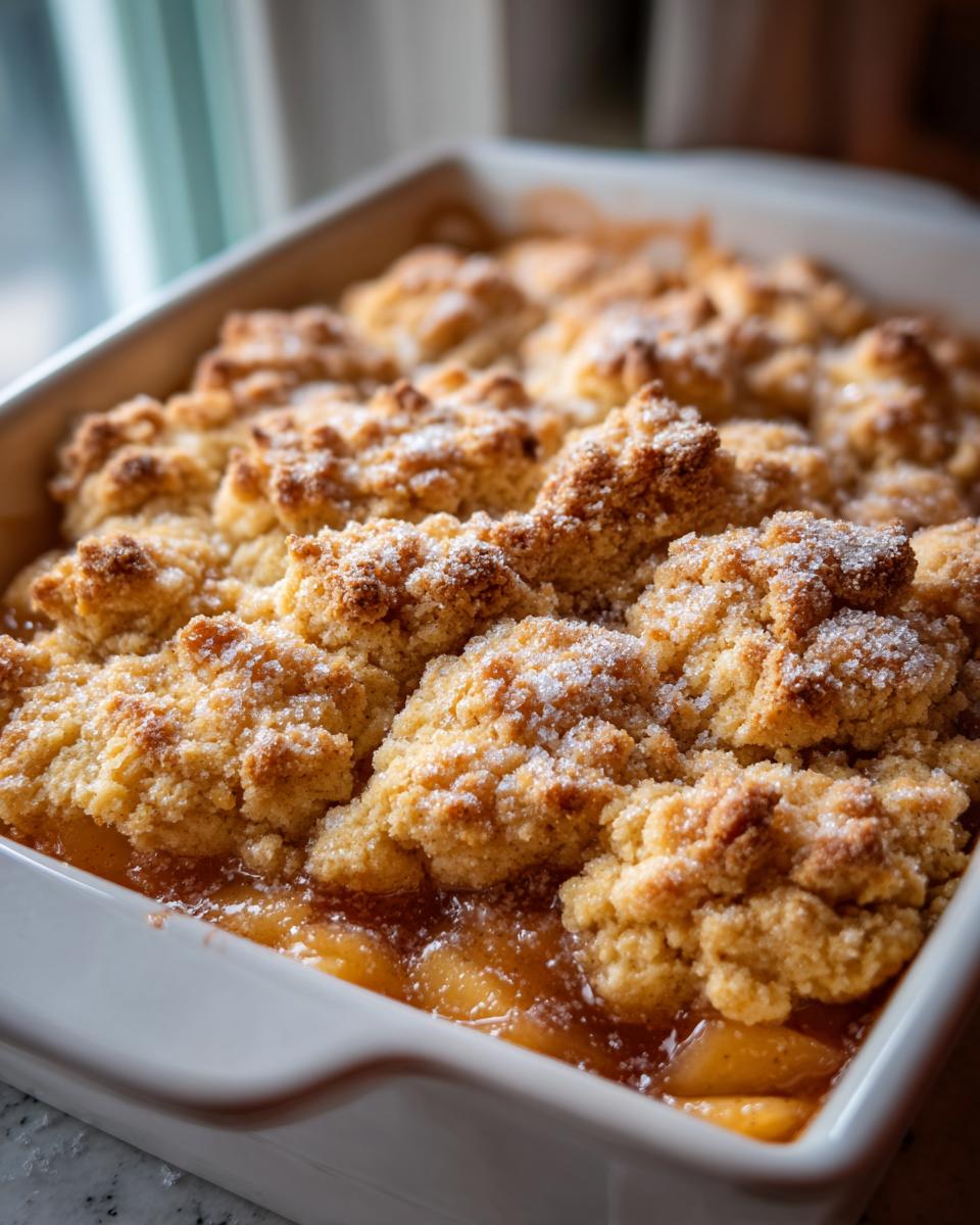 Close-up of a gooey apple cobbler recipe with a golden, crumbly topping sprinkled with sugar.