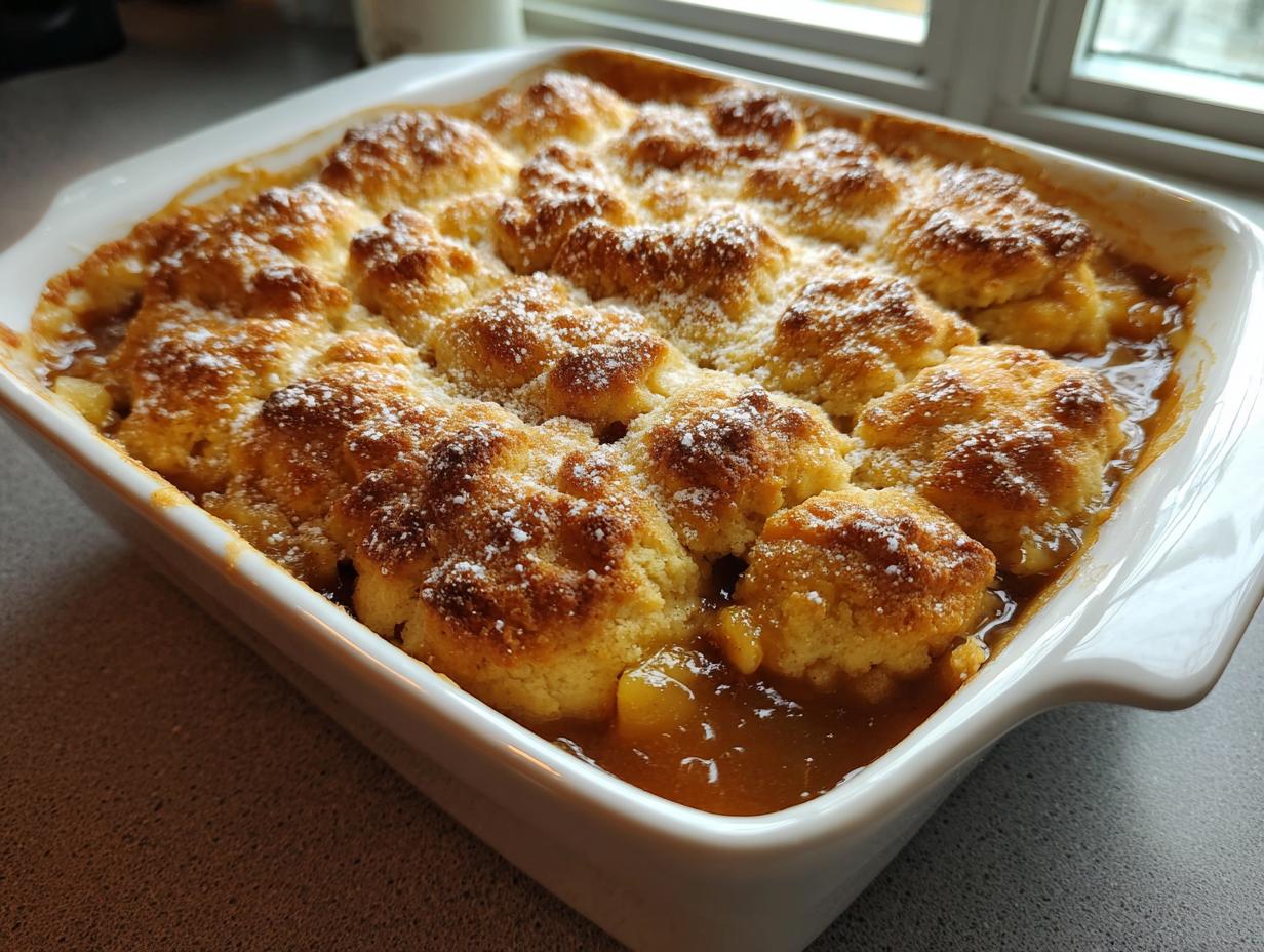 Close-up of a freshly baked apple cobbler recipe in a white dish, topped with golden biscuits and powdered sugar.