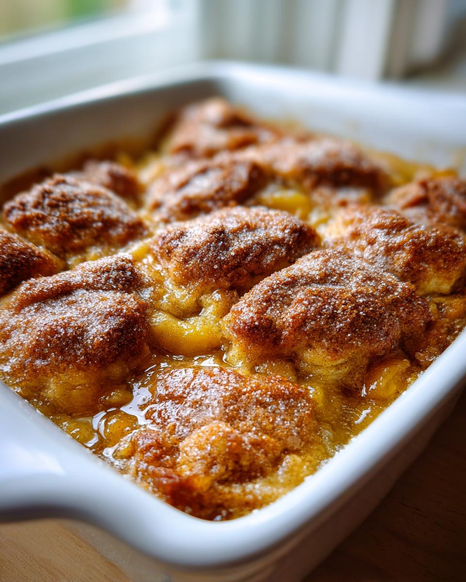 Close-up of a bubbling, gooey apple cobbler recipe in a white baking dish with cinnamon sugar topping.