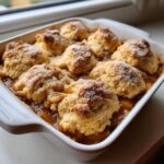 Close-up of a freshly baked apple cobbler recipe with golden biscuit topping sprinkled with sugar.