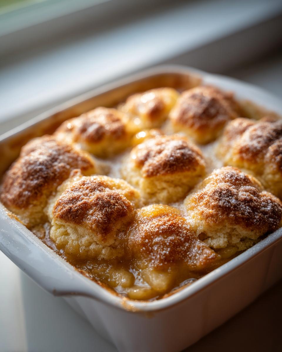Close-up of a freshly baked apple cobbler recipe with golden biscuit topping and bubbling fruit filling.