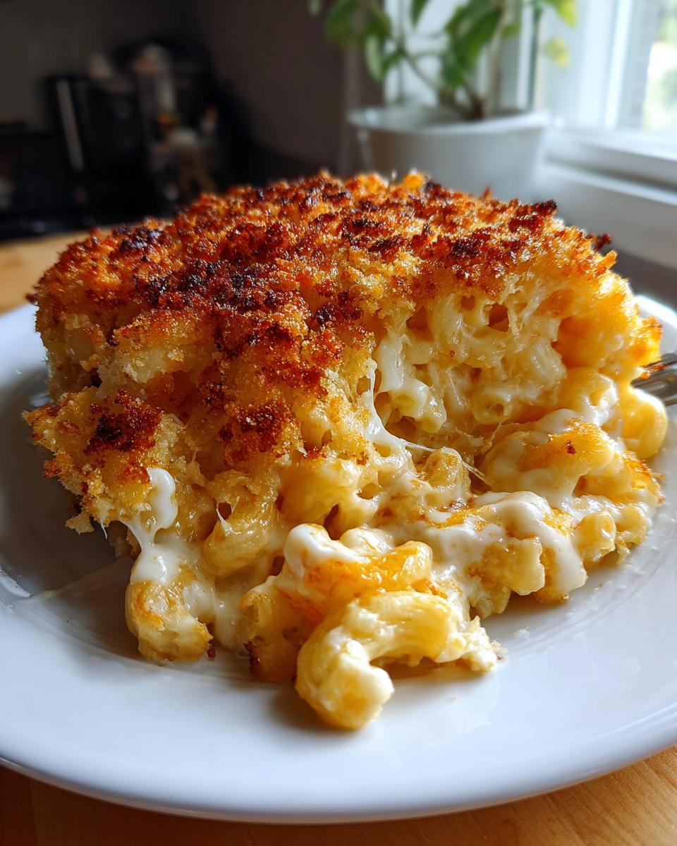 A decadent slice of baked mac and cheese showing gooey cheese pulls and a deeply browned, crunchy breadcrumb topping.