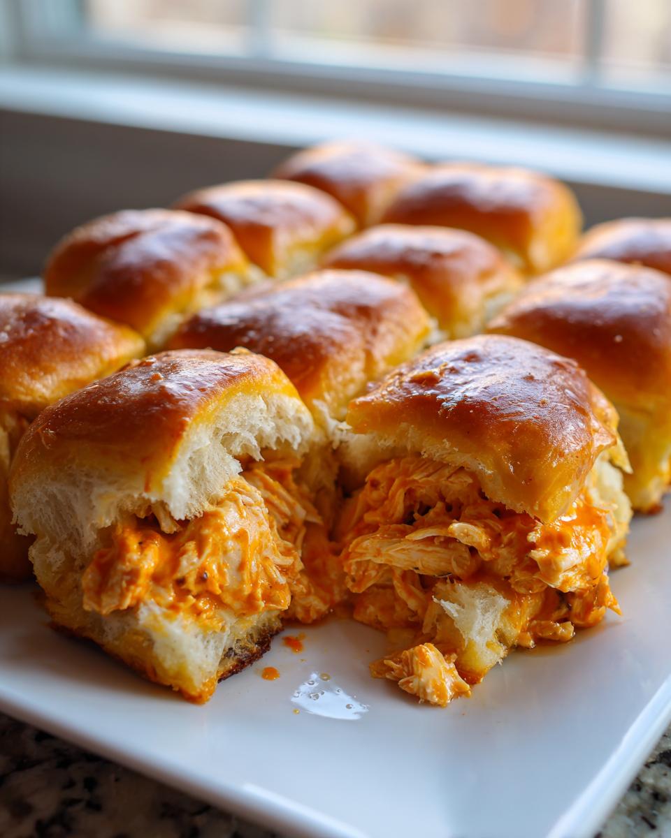 A close-up showing two halves of a baked slider roll filled with shredded, saucy buffalo chicken filling, part of a tray of buffalo chicken sliders.
