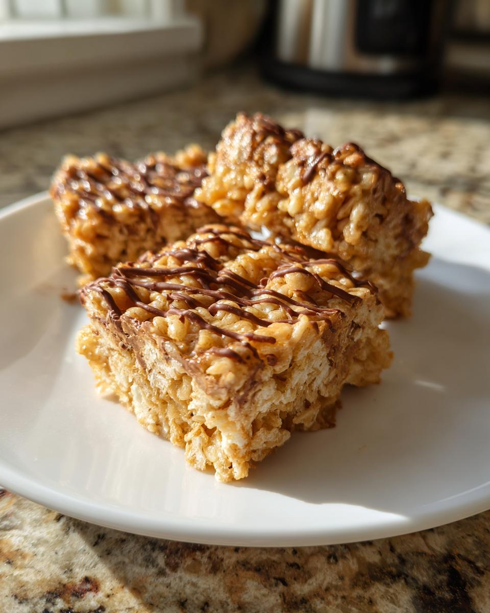 Three squares of gooey peanut butter rice krispie treats drizzled with melted chocolate, sitting on a white plate.