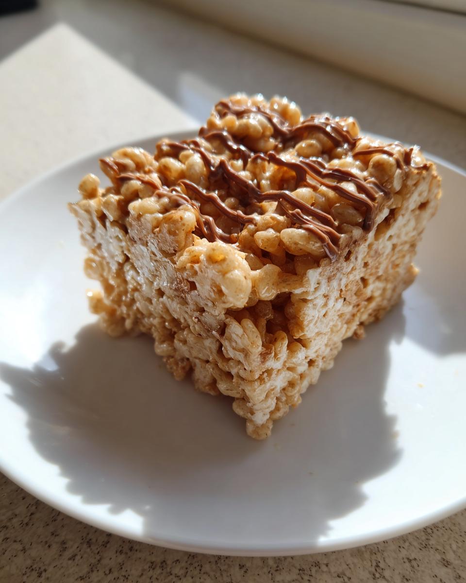 A single, thick square of gooey peanut butter rice krispie treats drizzled with chocolate.