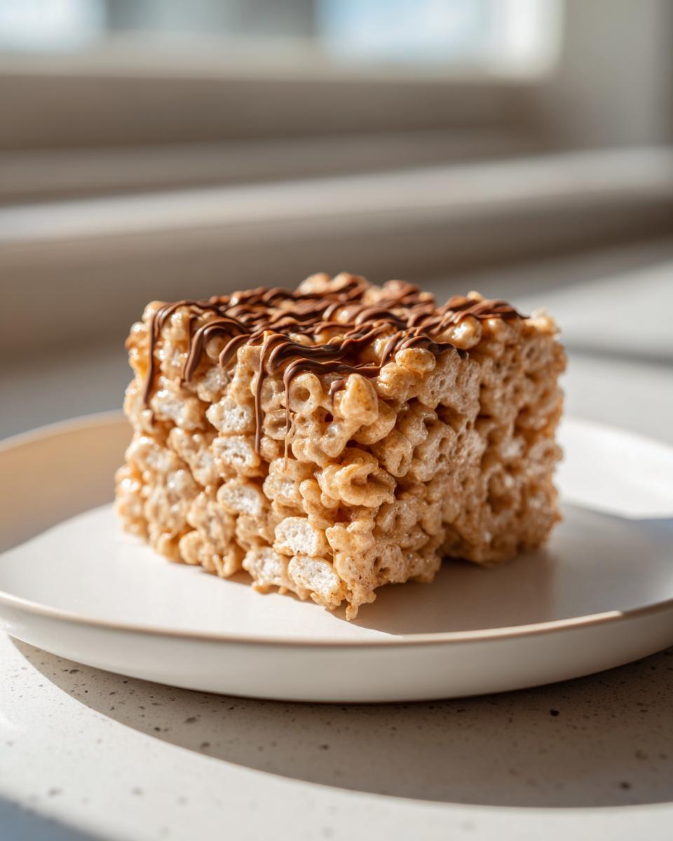 A single, thick square of gooey peanut butter rice krispie treats topped with a chocolate drizzle, sitting on a white plate.
