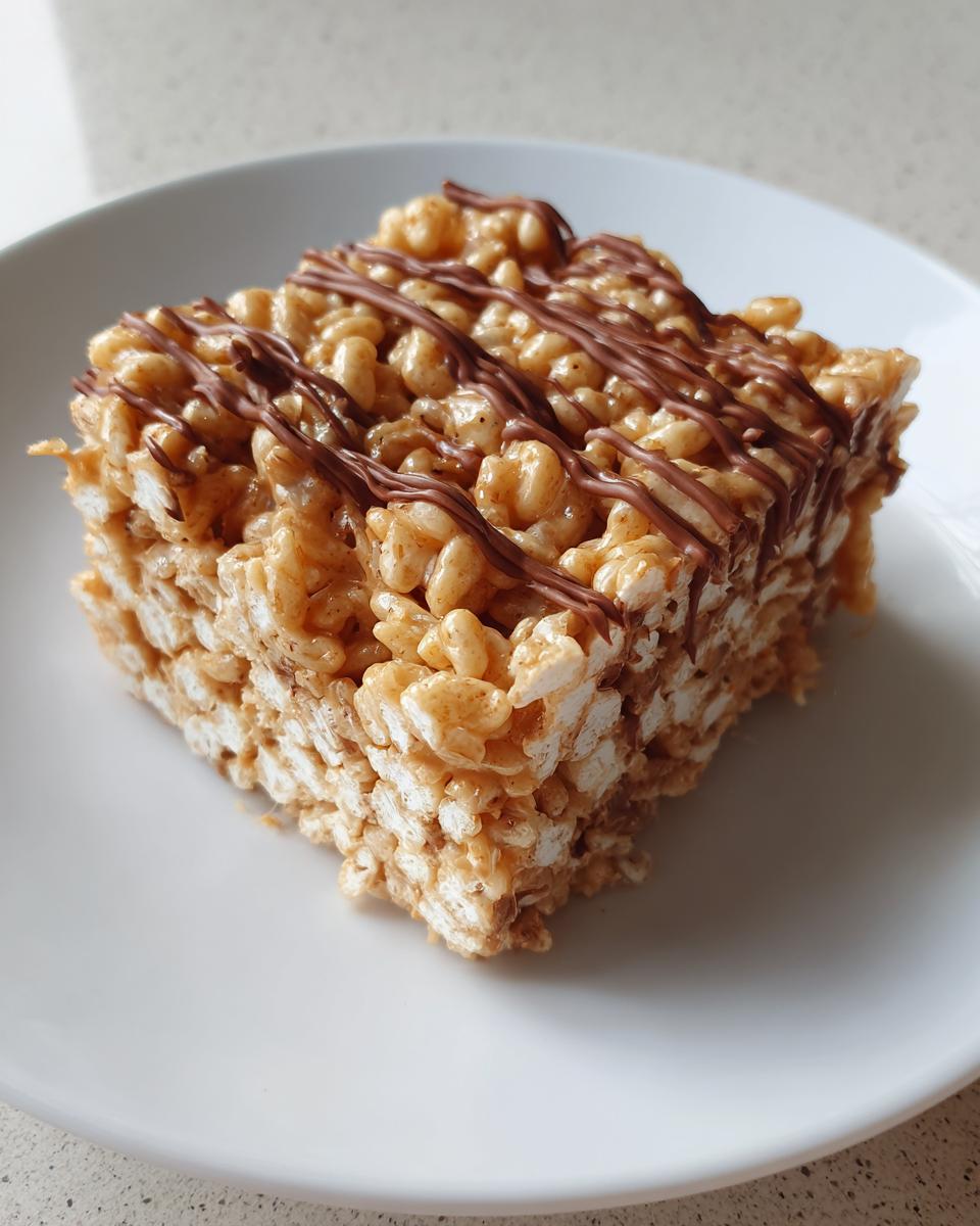 A single, thick square of gooey peanut butter rice krispie treats drizzled with melted chocolate on a white plate.