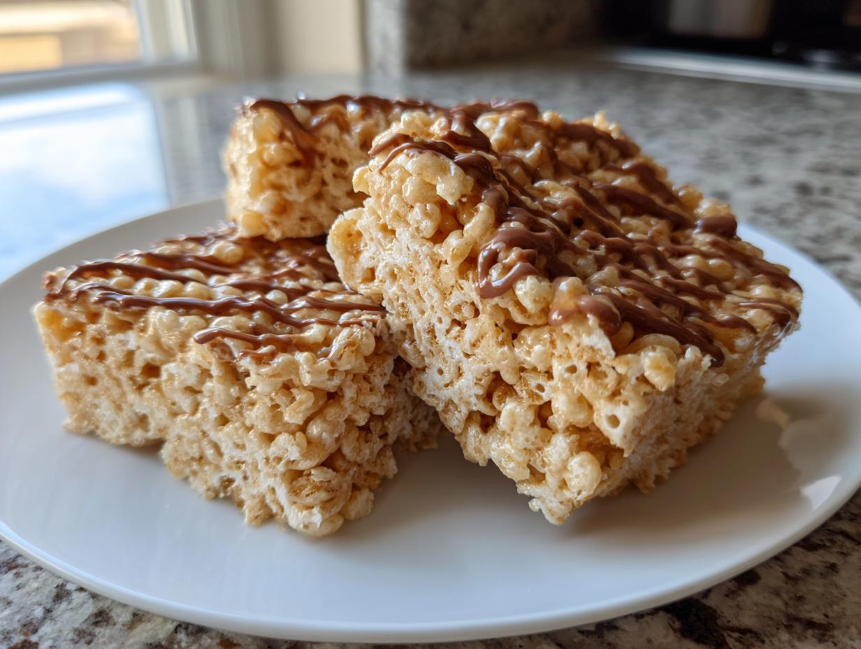 Three gooey peanut butter rice krispie treats squares stacked on a white plate, drizzled with chocolate.