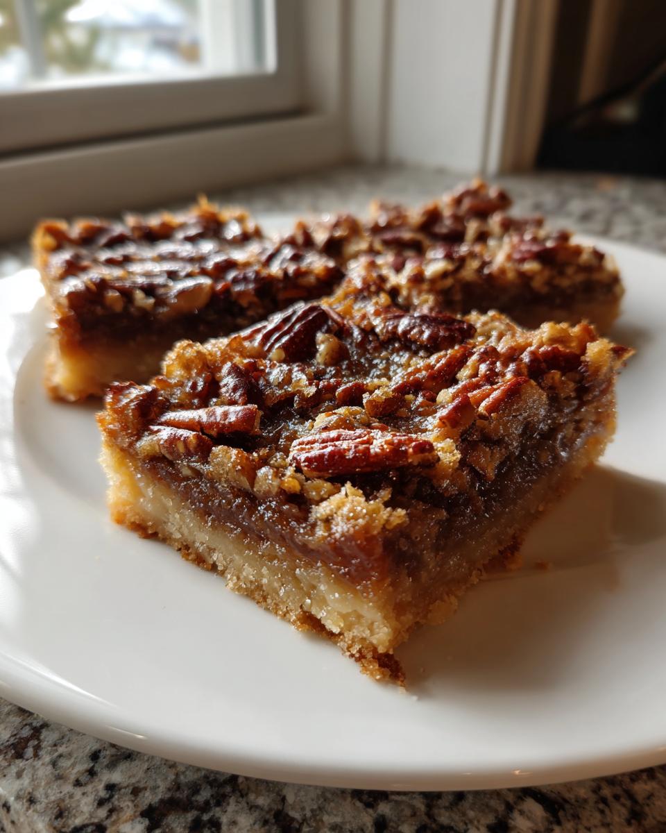 A close-up view of three gooey pecan pie bars with a thick shortbread crust served on a white plate.