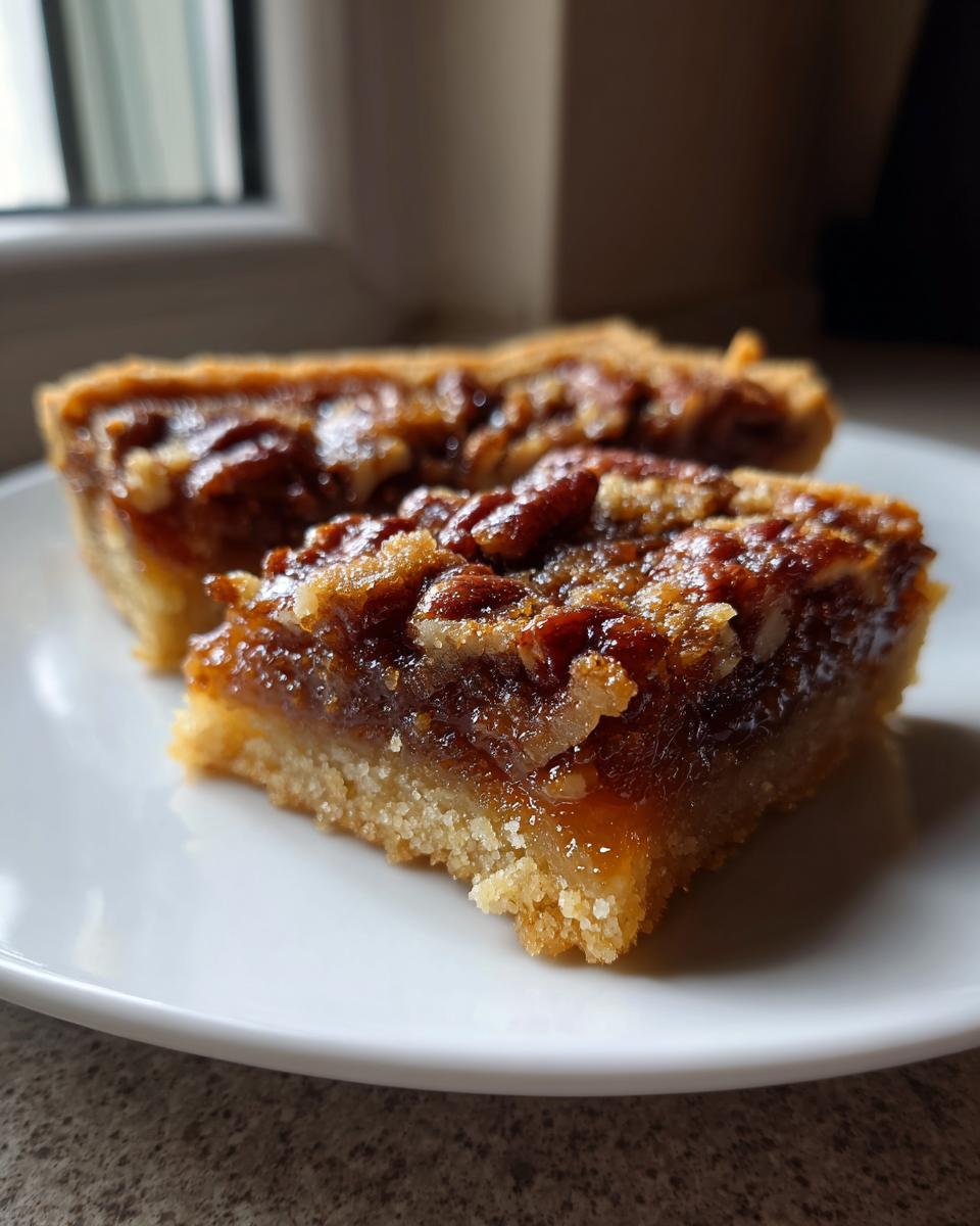 Close-up of two gooey pecan pie bars with a thick, caramelized pecan topping on a white plate near a window.