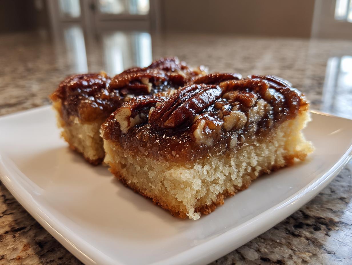 Two gooey pecan pie bars with a thick, glossy topping and whole pecans, served on a white dish.