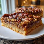 Close-up of a gooey, thick pecan pie bars slice with a buttery crust, topped with pecans.