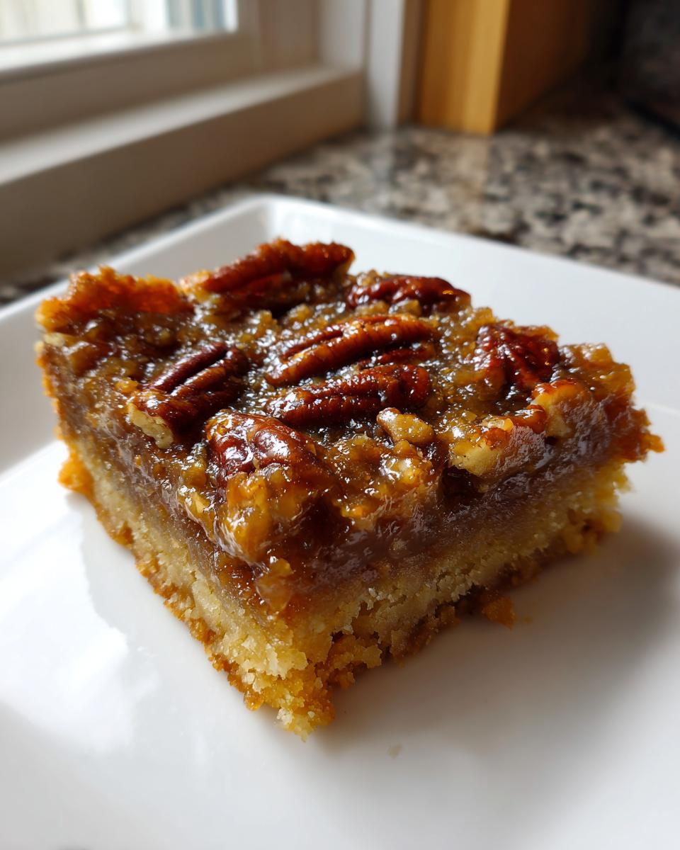Close-up of a single, gooey pecan pie bars square with a thick, caramelized topping and pecans, resting on a white plate.