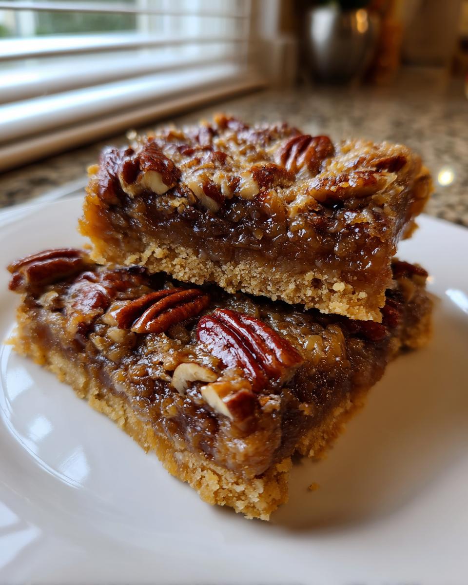 Two gooey pecan pie bars stacked on a white plate, showing the thick, buttery crust and pecan topping.