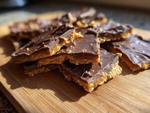 Close-up of broken pieces of graham cracker toffee with chocolate topping stacked on a wooden cutting board.