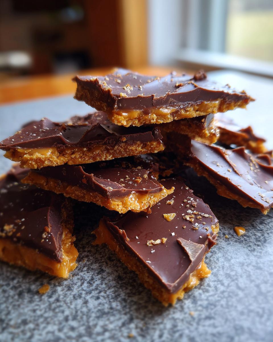 A stack of broken pieces of graham cracker toffee topped with melted chocolate and sea salt flakes.