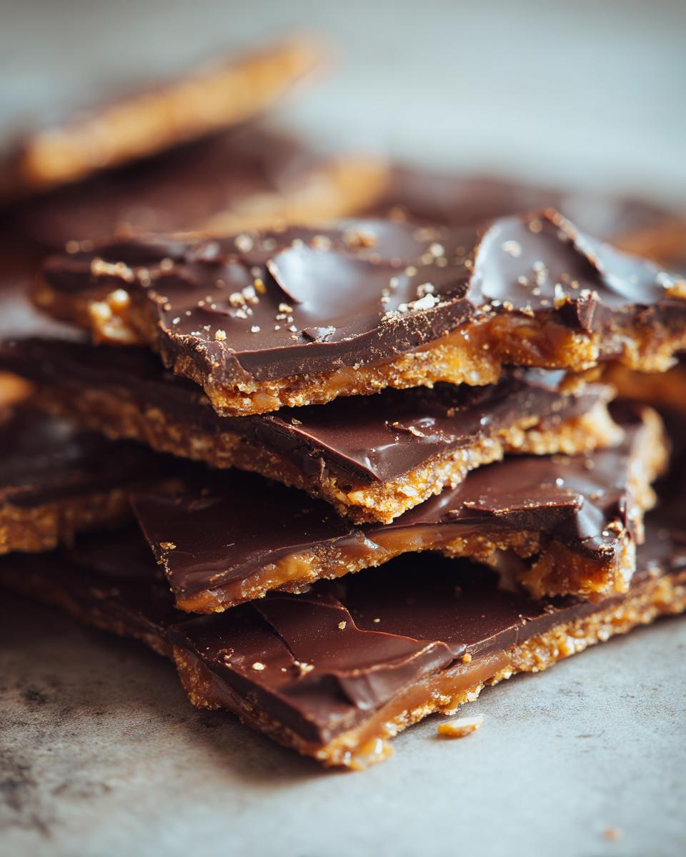 Close-up stack of rich graham cracker toffee pieces topped with melted dark chocolate and sea salt.